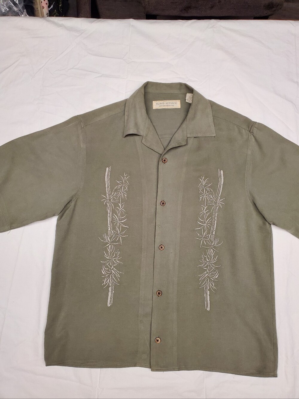 Island Republic Mens Silk Camp Shirt S Sage Bamboo Embroidered Coconut Buttons
